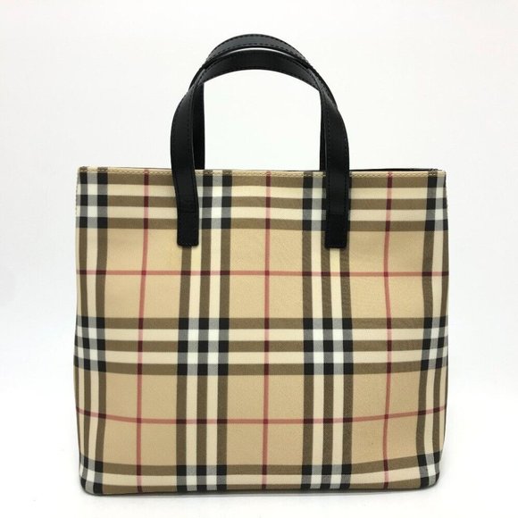 BURBERRY check Bag Tote Bag Hand Bag PVC/Leather Beige/Red/Black